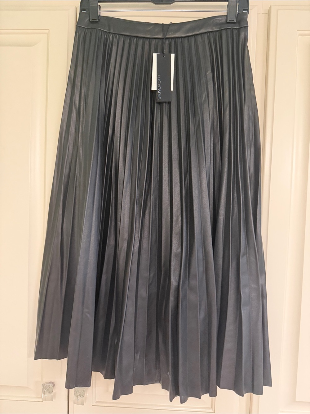 Lucy Paris Black Pleated Leather Midi Skirt